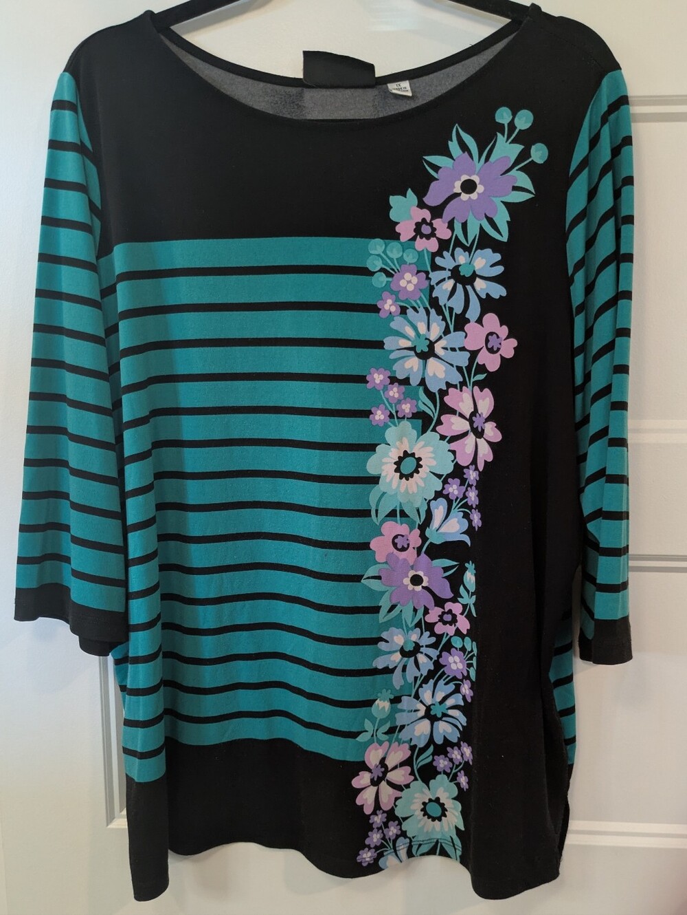 Bob Mackie Teal & Black Striped Floral Tunic